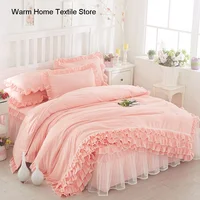Korean Princess Duvet Cover 4 Piece Set Solid Color Ruffles Lace Quilt Cover And Pillowcase For Girl Woman Romantic Bedspread 1