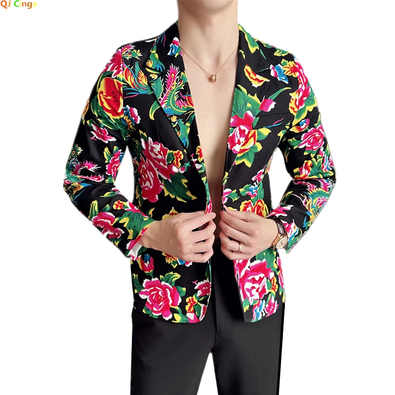 Thin Black Men's Printed Suit Jacket, V-Neck Single Button