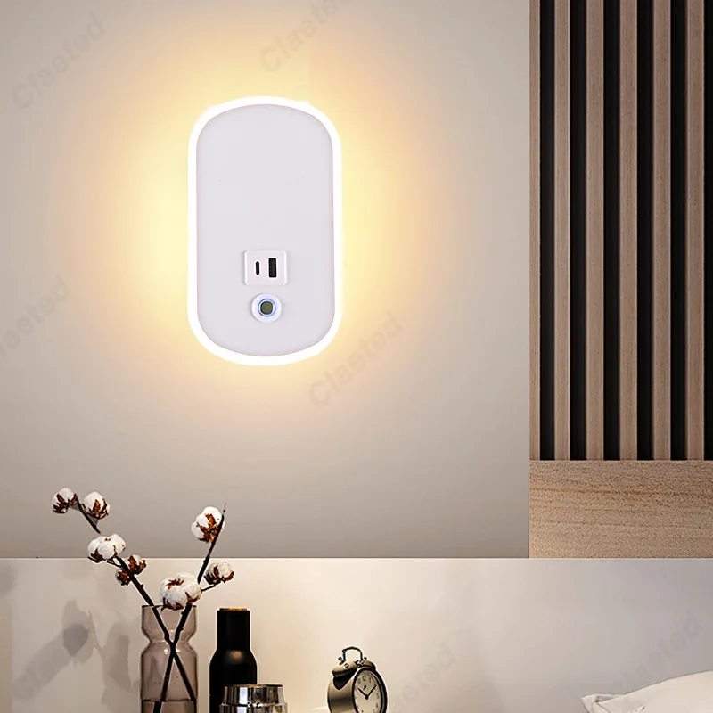 Simple LED Touch Dimming EU Plug Wall Light USB Charging Port Bedroom Bedside Lamp Living Room Corridor Decorative Wall Light