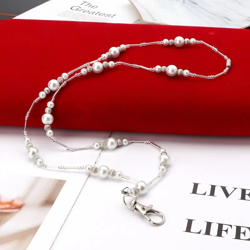 

White Pearls Bead Lanyard Necklace Hollow Beads Badge Holder Necklace