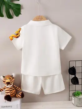 2PCS Summer Kid Boy Gentlemen Clothes Set Kitten Pattern Lapel Collar Top with Shorts First Birthday Wear for Toddlers 1-6 Y ear 2