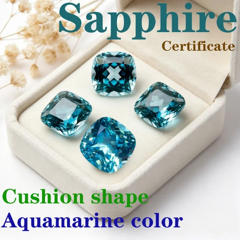Laborgezüchteter Saphir in Kissenform mit Aquamarin-Farbe und Zertifikat