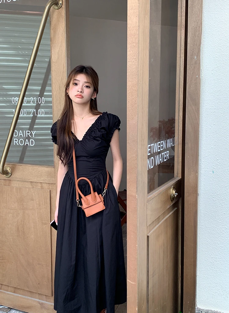 Casual Solid Midi Dresses for Women Korean Chic V-neck Backless High Waist Puff Sleeve A-line Party Dress Summer Vestidos Mujer