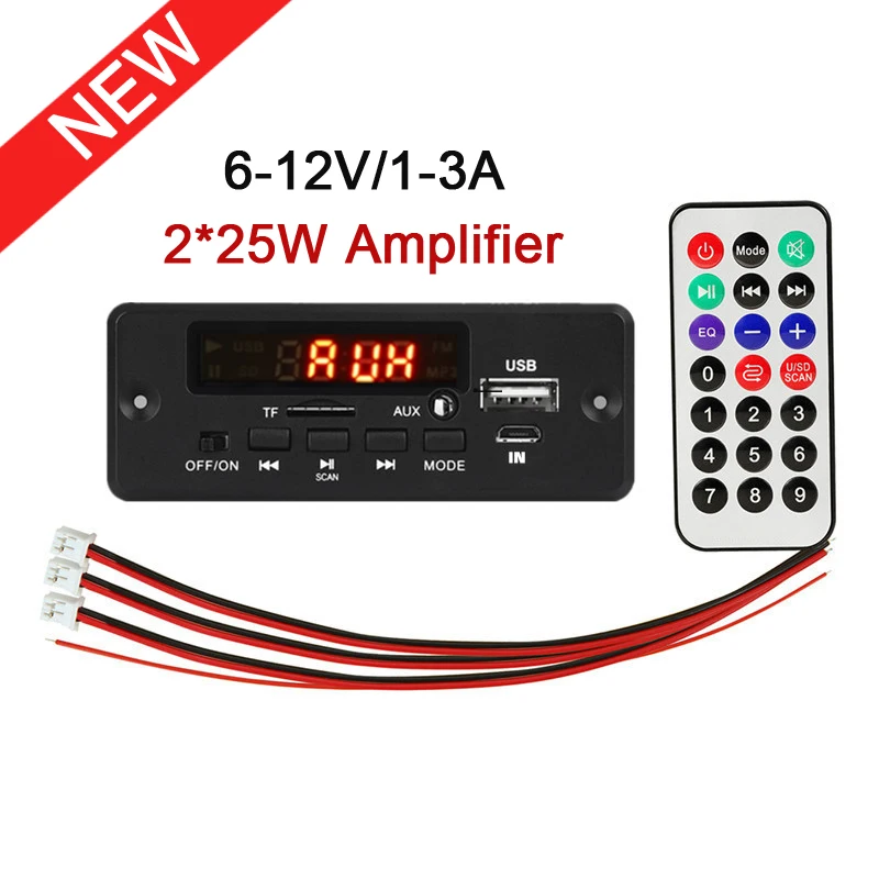 2*25W 50W Amplifier MP3 Player Decoder Board 5V-18V Bluetooth 5.0 Car FM Radio Module Support TF USB AUX 3.5 WMA Player Decoder