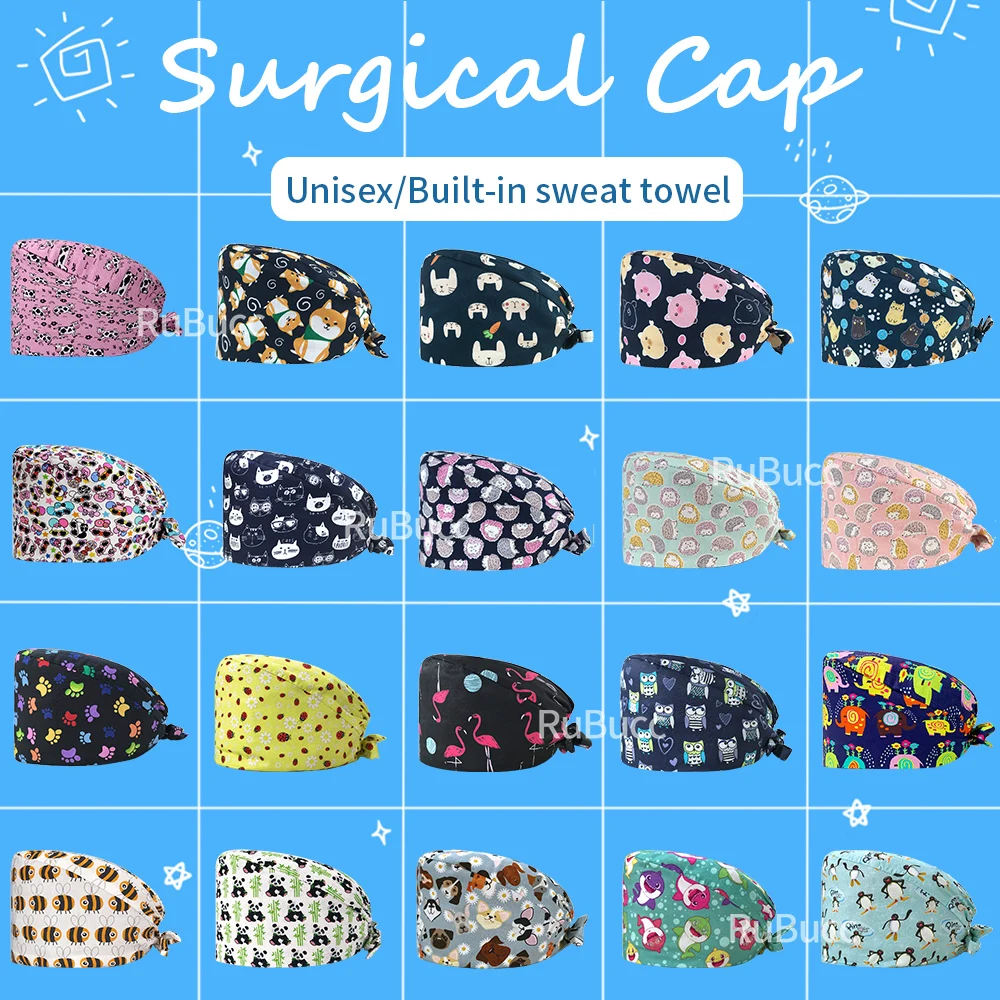 

Cartoon Printing Scrub Caps Hospital Scrubs Cap Buttons 100% Cotton Nurse Accessories Pet Clinic Surgicals Hat Chef Lab Work Cap