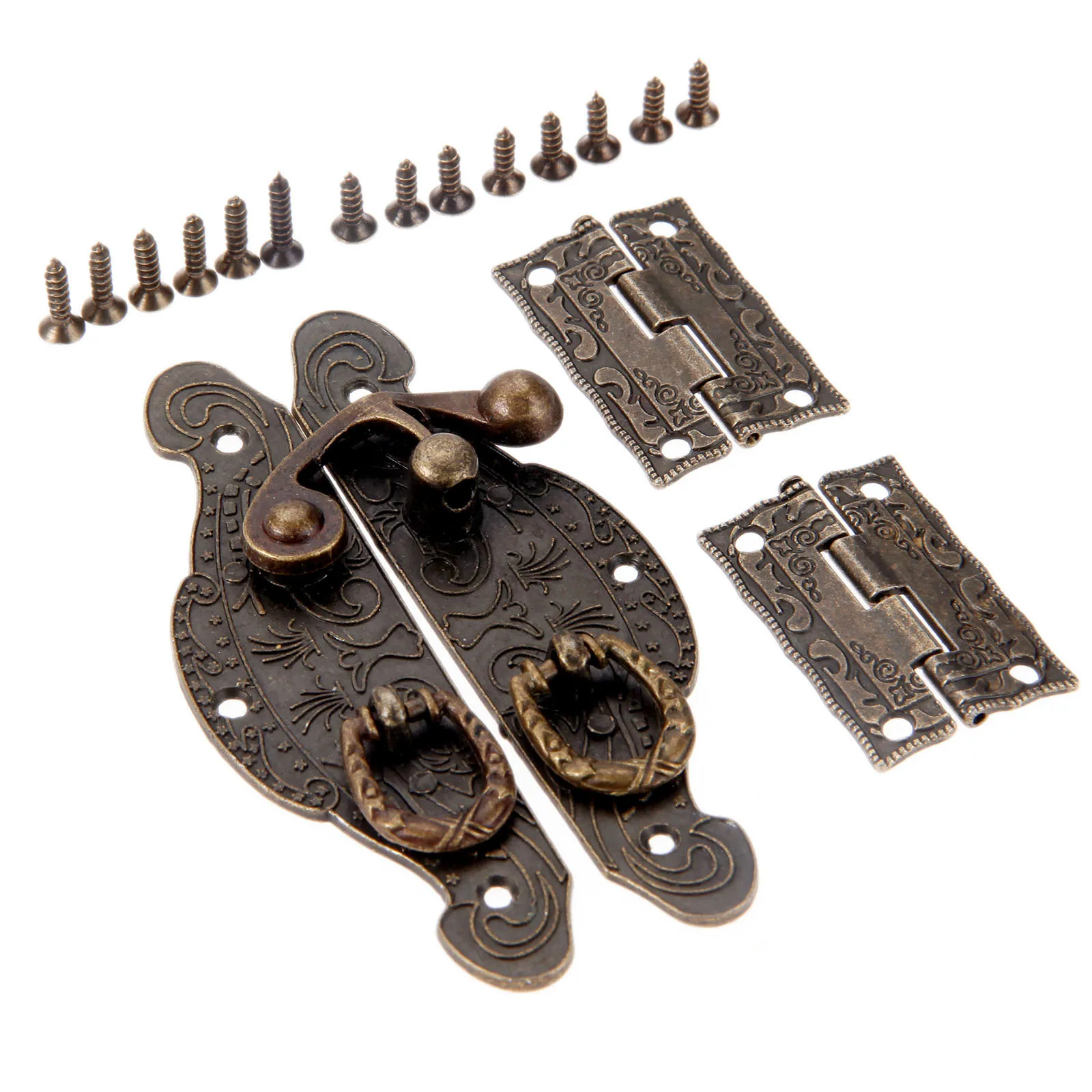 3Pcs/set Furniture Fittings Antique Bronze Cabinet Hinges w/Jewelry Wooden Box Case Toggle Hasp Latch Furniture Vintage Hardware