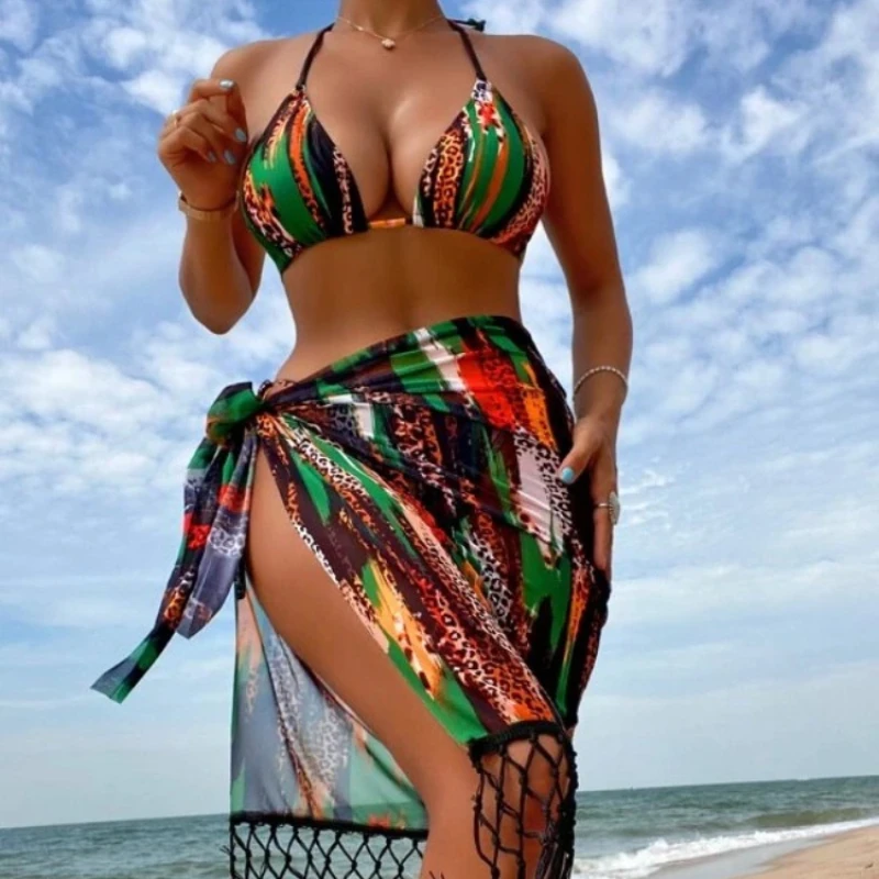 

Women's Swimwear 2024 Sexy Bikini Three Piece Suit Women Triangle Tassel Print Backless Beach Skirt Summer Beachwear Swimsuits