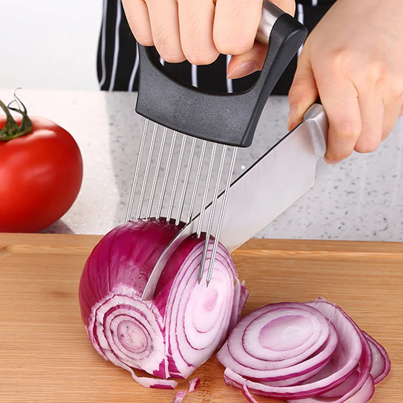 Easy Onion Cutter Holder Vegetable Slicer Cutting Tools Stainless Steel  Meat Potato Tomato Slicer Holder Fork Kitchen Gadgets