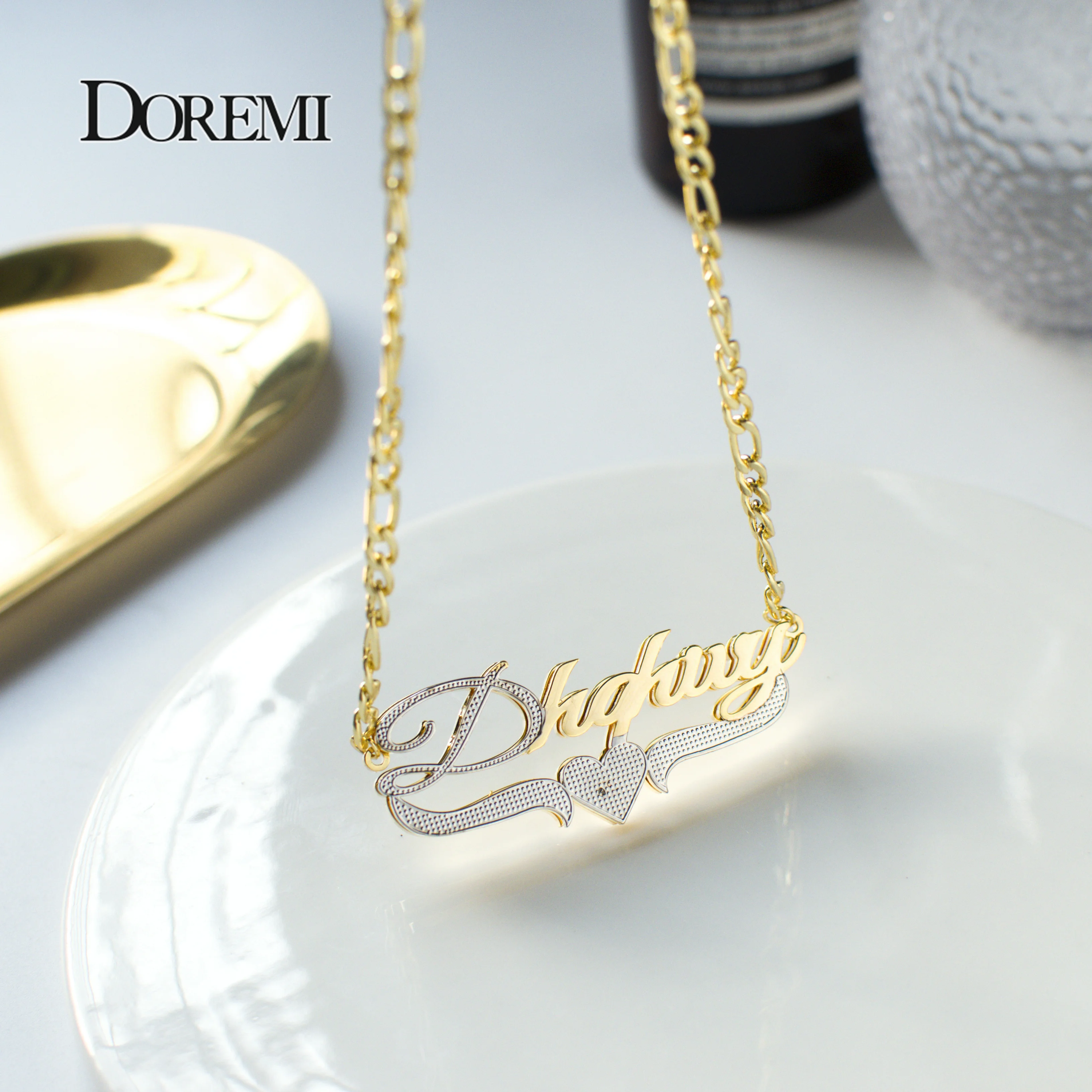 DOREMI Double Layer Heart Nameplate Pendant Custom Letter Gold Plated Stainless Steel Name Necklace Personalized Custom Jewelry
