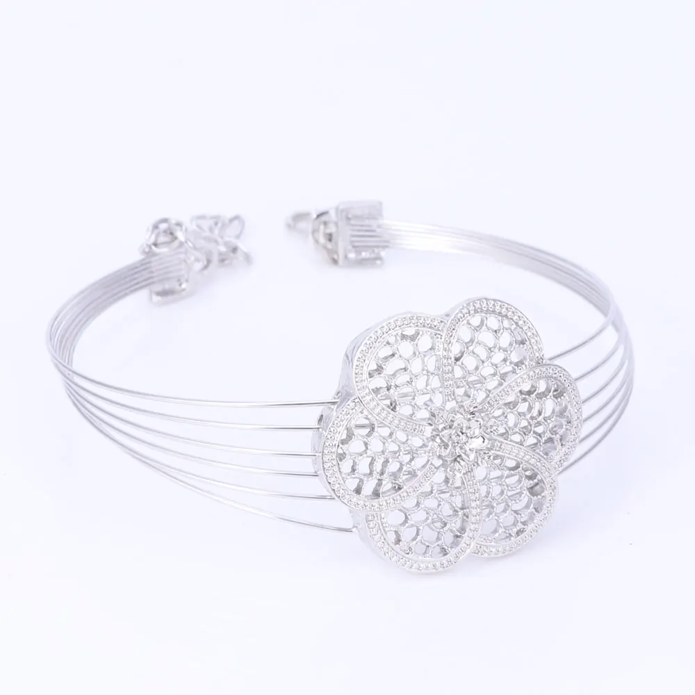 Vintage Rhinestone Flower Pendant Necklace Earrings Bracelet Ring Set Silver Color African Bridal Wedding Costume Jewelry Sets bridal jewelry sets crystal jewelry sets