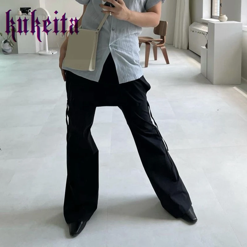 Retro Fake Two Piece Casual Wide-leg Pants Women 2023 Spring New High Street Fashion Drawstring Lace-up Solid Color Trousers