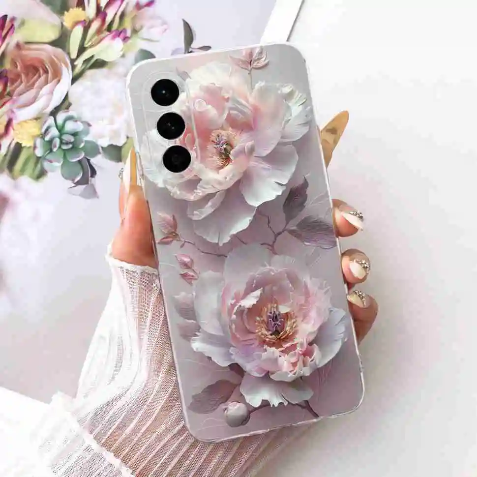 Cute Cat & Floral Design Soft TPU Clear Phone Case with Bumper Shell
