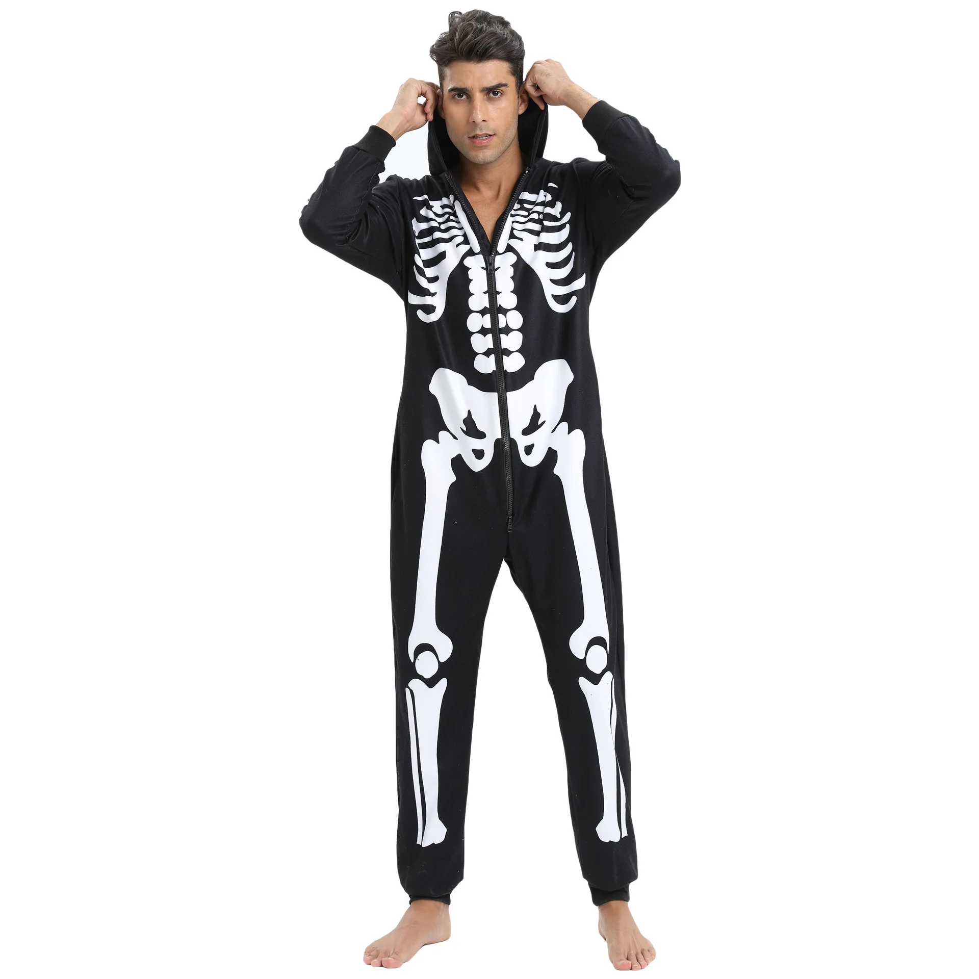 Hooded Zipper Onesies Black Skeleton Print Pajamas Winter Warm Sleepwear Cosplay Men Family Costume