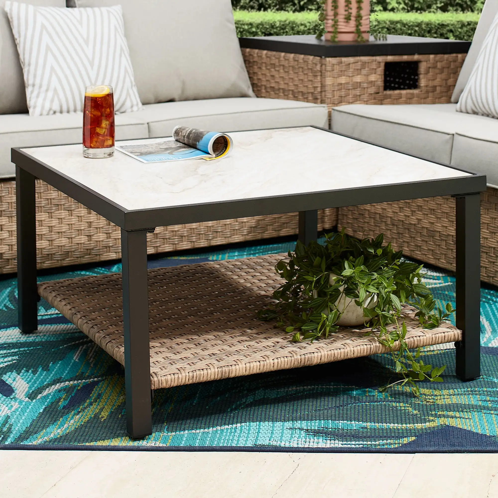 

Better Homes & Gardens River Oaks Tile Top Coffee Table with All-Weather Wicker Shelf, White