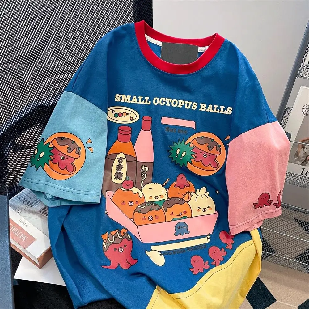 Harajuku Sweet Cartoon Print O-neck T-shirts Y2k E-Girl Patchwork Short Sleeve Tee Shirt Summer New Loose Tops Women Japanese 1