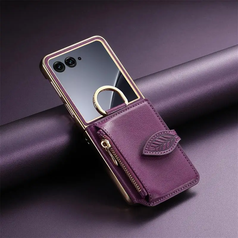 Luxury Card Pocket Wallet Mirror Stand Leather Case with Ring Holder