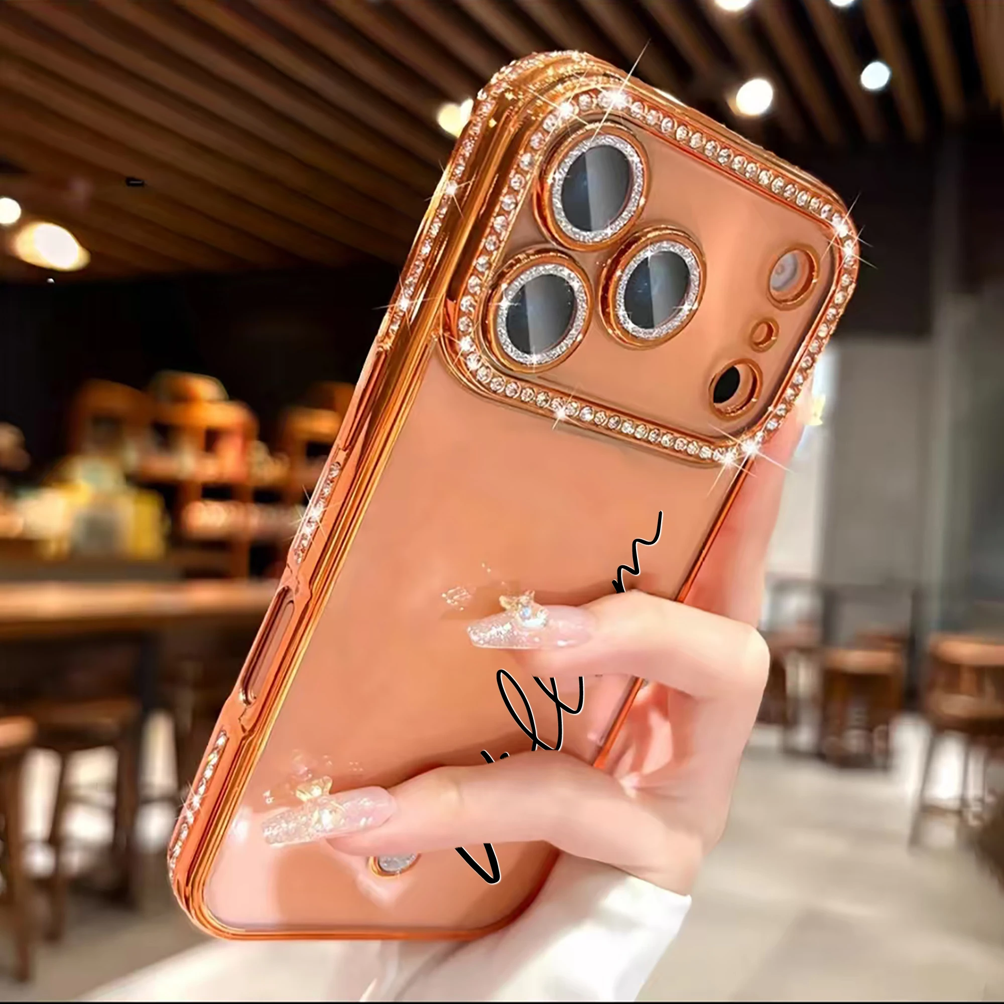 Custom Letters Name Starry Orange Rhinestone Glitter Frame Transparent Phone thumbnail 4