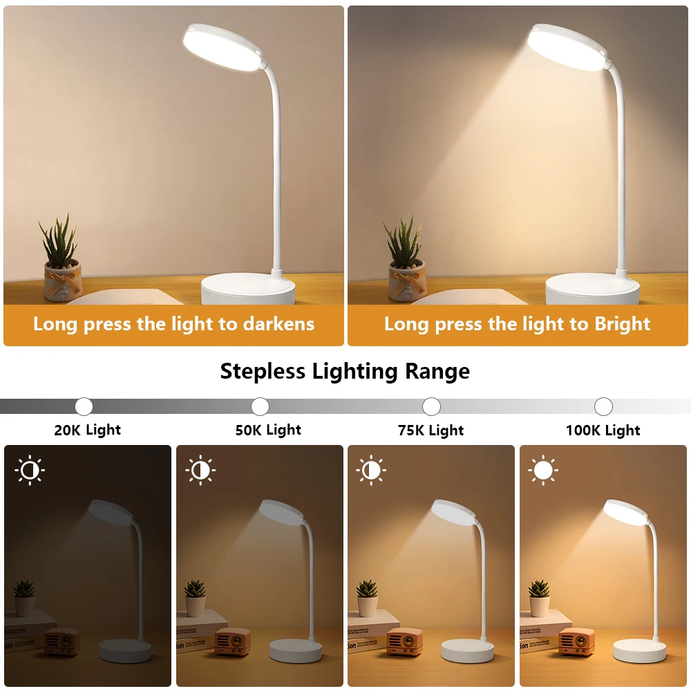 Protable Table Lamp Stepless Dimming Reading Book Night Table Lamp 3 Levels Dimmable USB Plug Rechargeable Bedroom Bedside Lamp 4