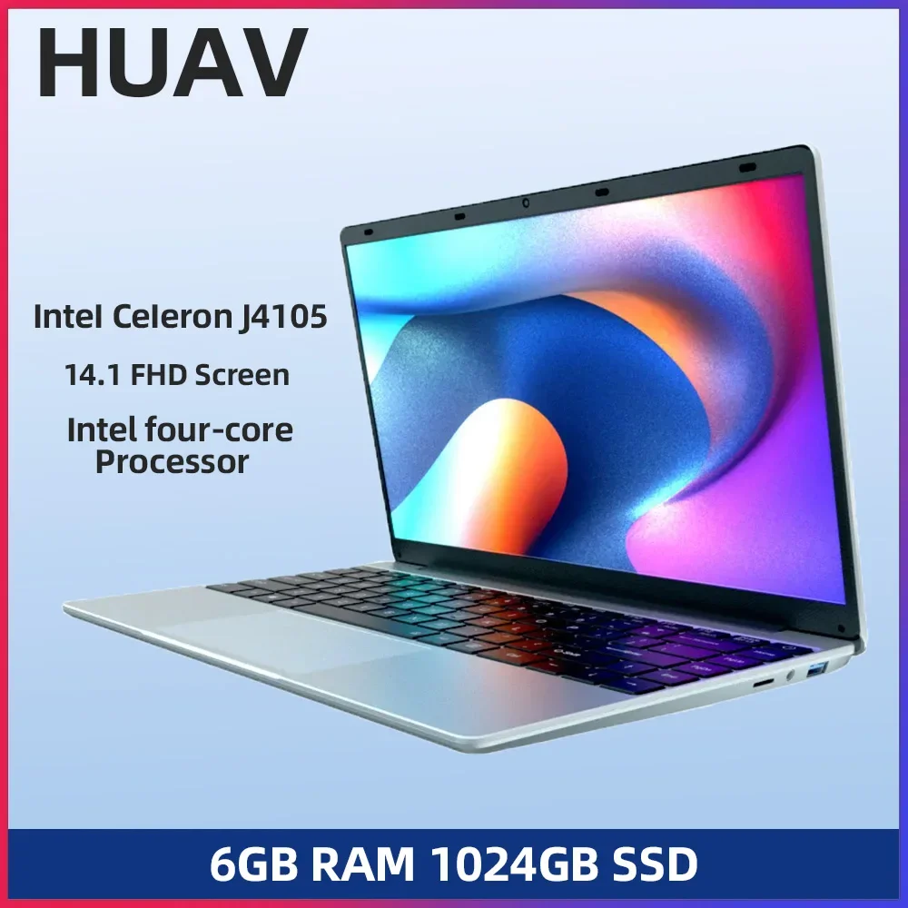 

HUAV 2024 Notebook 14.1 FHD Screen Intel Celeron J4105 6GB RAM 1024GB SSD Windows 10 Student Laptops WiFi Bluetooth