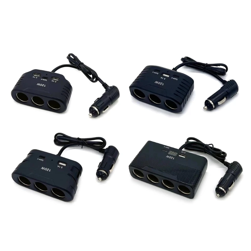 

Разветвитель для гнезда прикуривателя, 120 Вт, 2 USB + 1 USB C PD-порт, 12 В, 24 В, 3 гнезда, автомобильный Грузовик, морской порт, адаптер для зарядки, Удлинительный шнур