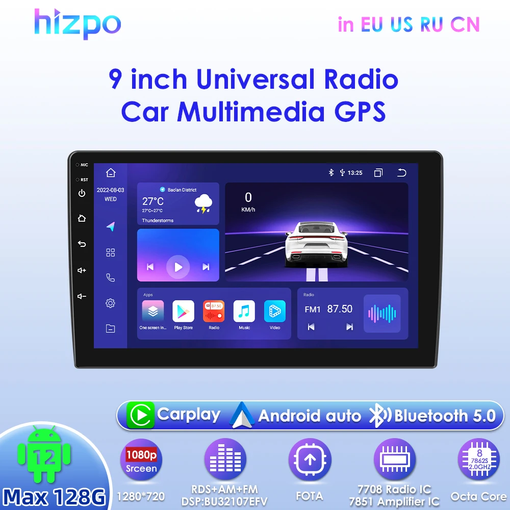 Hizpo Android 12 автомобильный радиоприемник мультимедийный стерео CarPro дисплей для универсального автомобиля Nissan Volkswagen Hyundai Toyota CarPlay экран