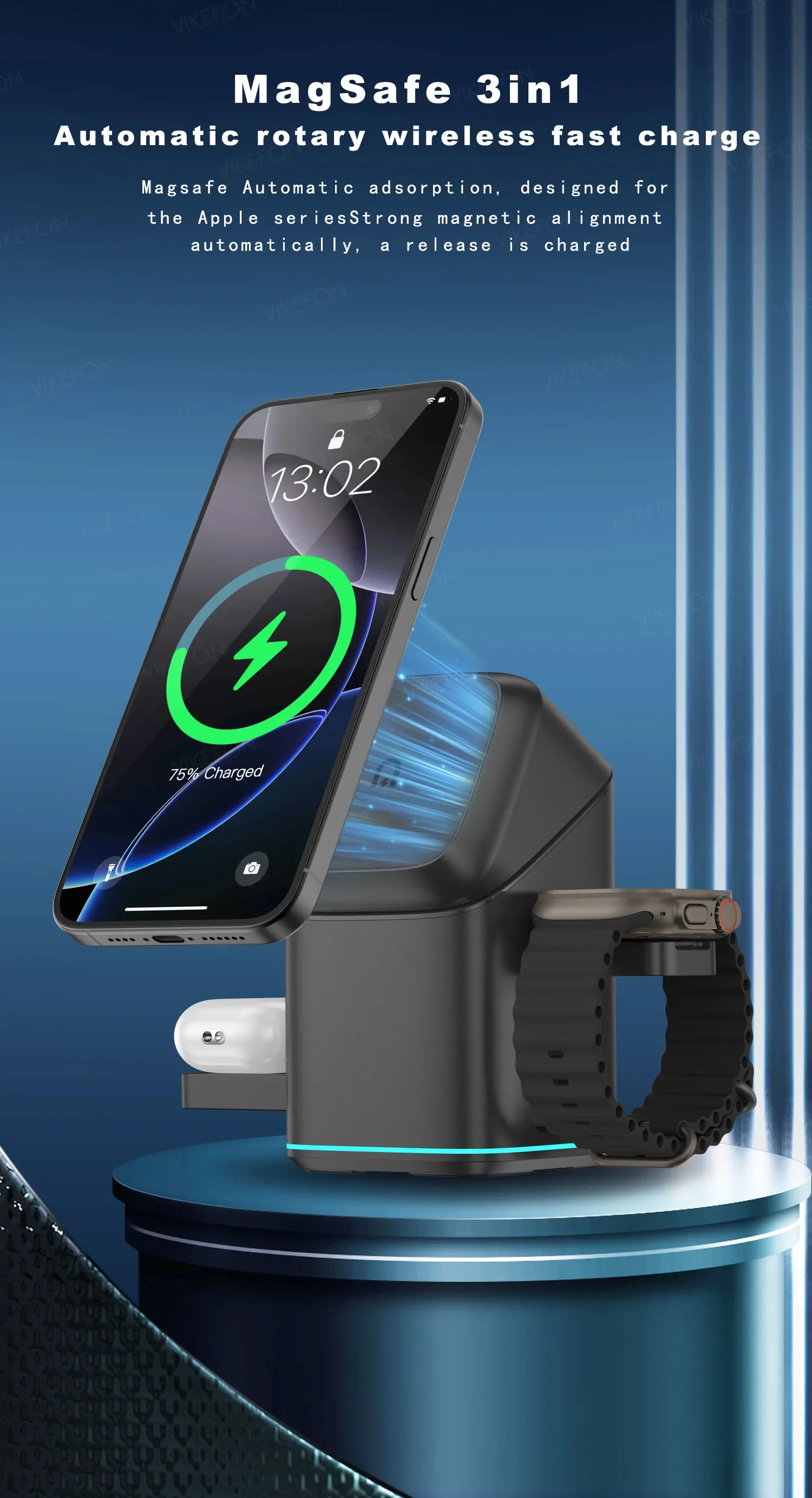 3-in-1 Electric Rotation Magnetic Wireless Charger With LED Breathing Light For Mag Safe IPhone 16 15 14 13 12 IPhone Watch Pro_voghion.com