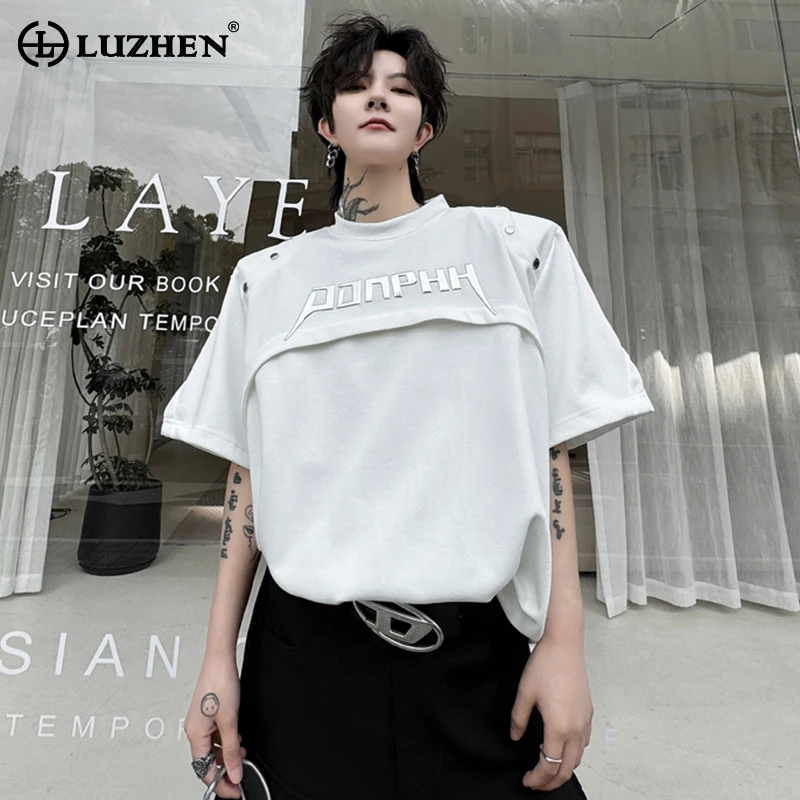 

LUZHEN Buttoned Decorate Personality Splicing Design Short Sleeved T Shirts Summer New Trendy Handsome Korean Men's Tops LZ3184