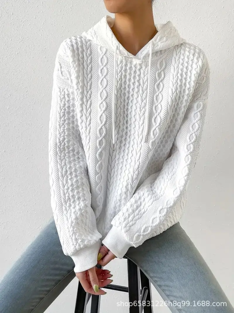 

Autumn Women Long Sleeve Jacquard Pattern Knitted Jumper Hoodie Fashion Casual Solid Color Office Top Female Sweatshirt Pullover