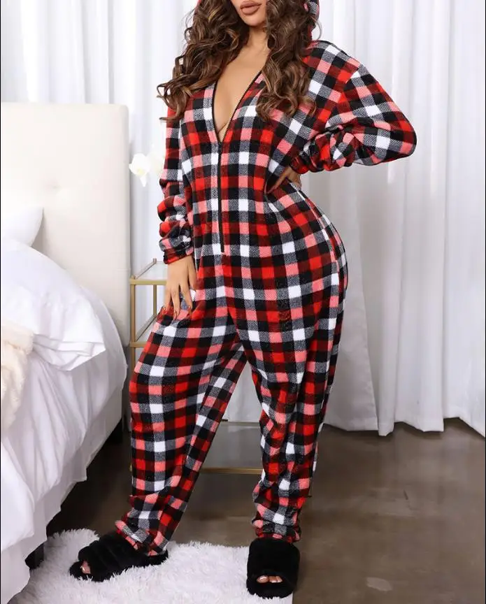 Inverno quente xadrez imprimir onesies para as mulheres grosso de pelúcia  manga longa com capuz macacão pijamas casual macacão pijamas mujer -  AliExpress