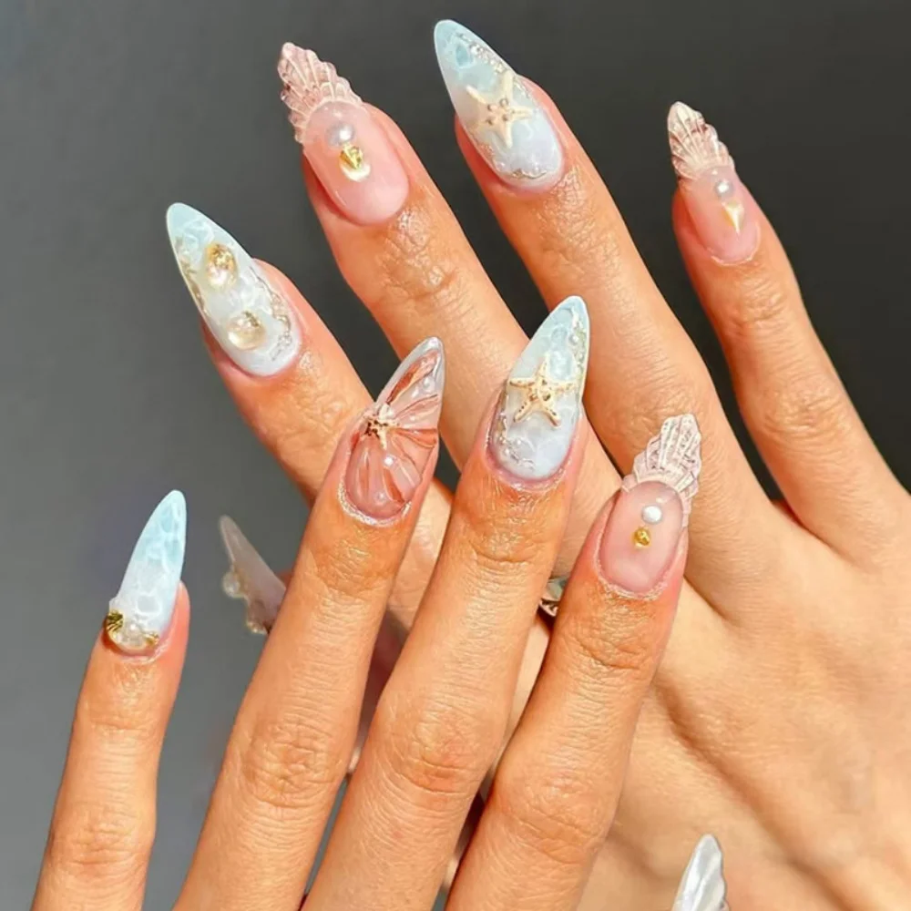 Wearable Blue Stiletto Almond False Nails 5