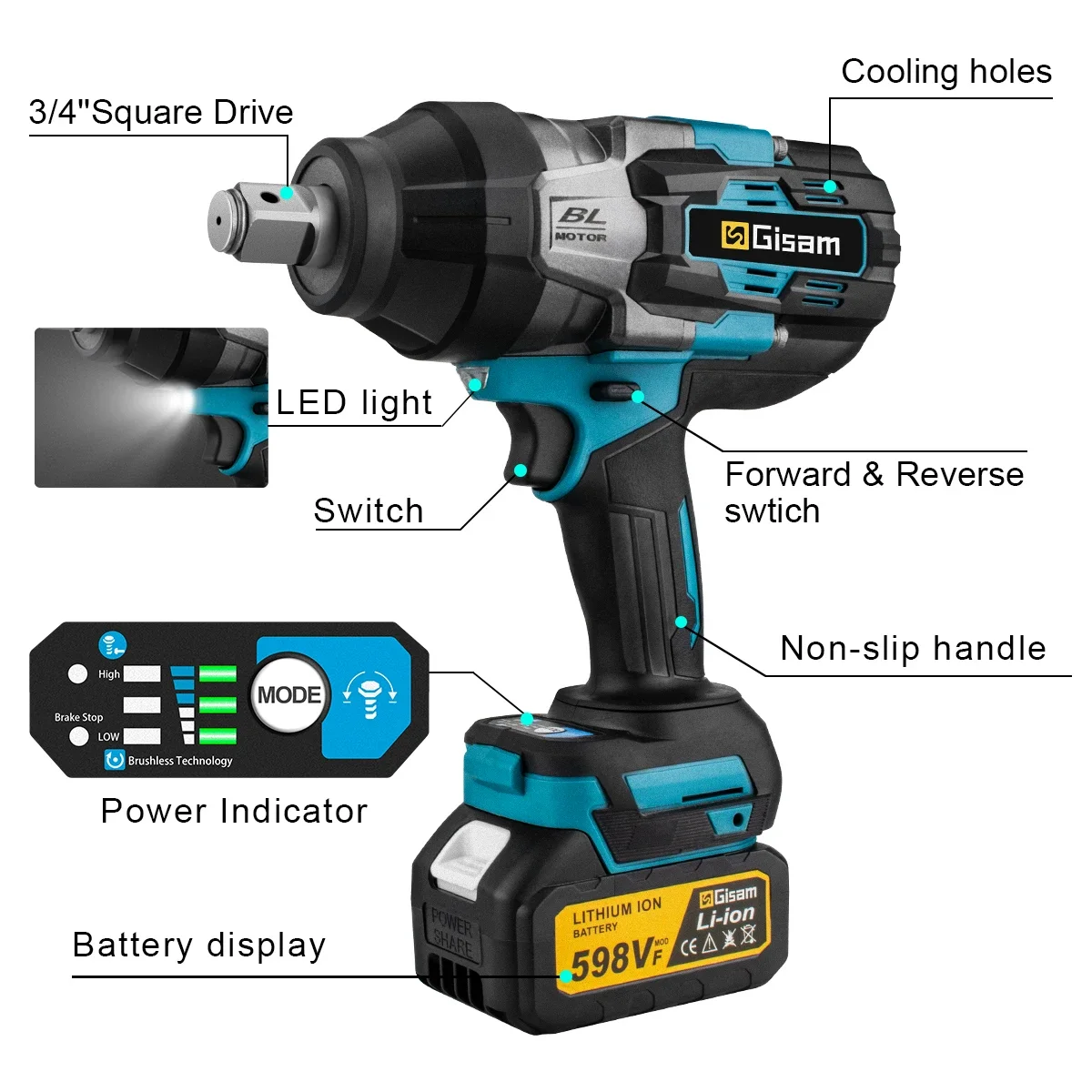 Gisam 3100N.M Torque Brushless Electric Impact Wrench 3/4 inch Cordless Electric Wrench Power Tools for Makita 18V Battery 6