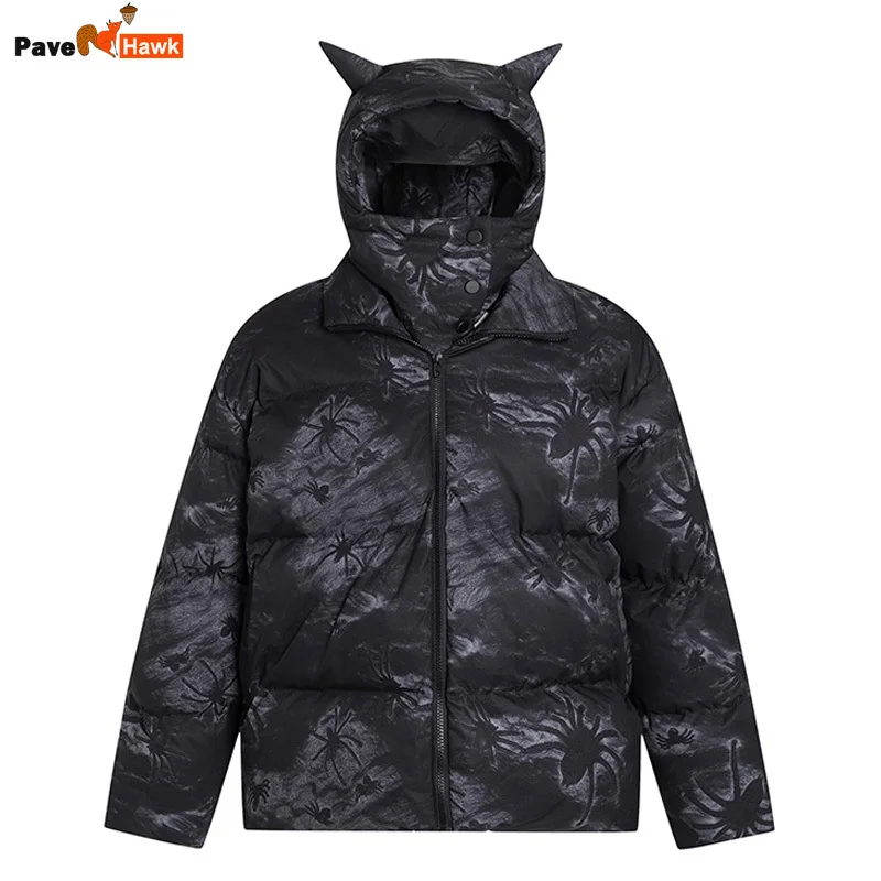 

Winter Spider Tie Dyeing Parkas Jacket Men Women Devil Horns Design Thick Warm Padded Hooded Coats Harajuku Bubbles Outwear