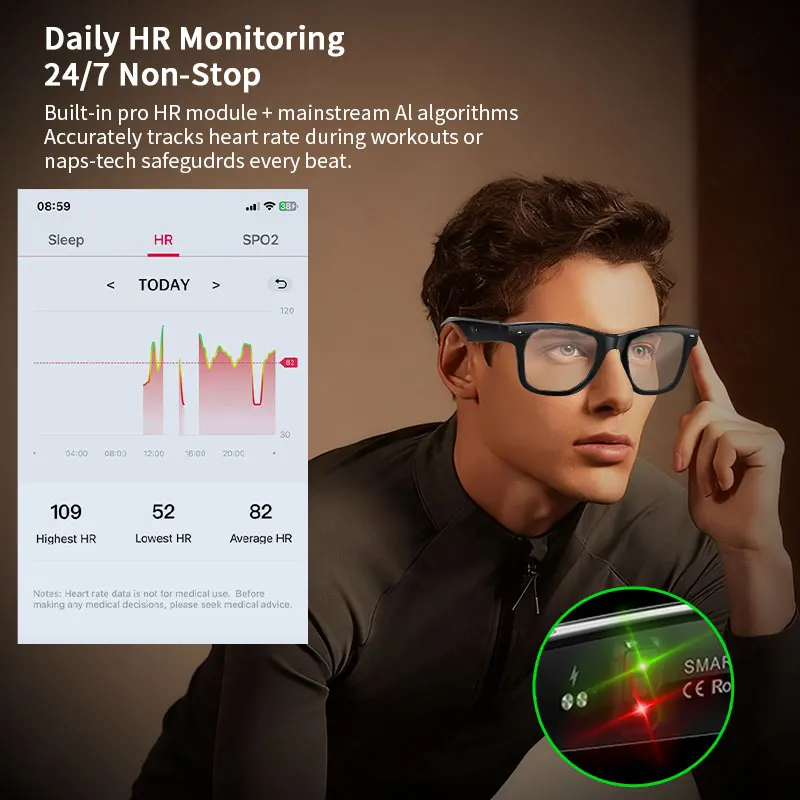 LIGE AI Voice Control Smart Glasses Heart Rate Body Temperature Health Monitor Sports Translation BT Call Music Play Sunglasses