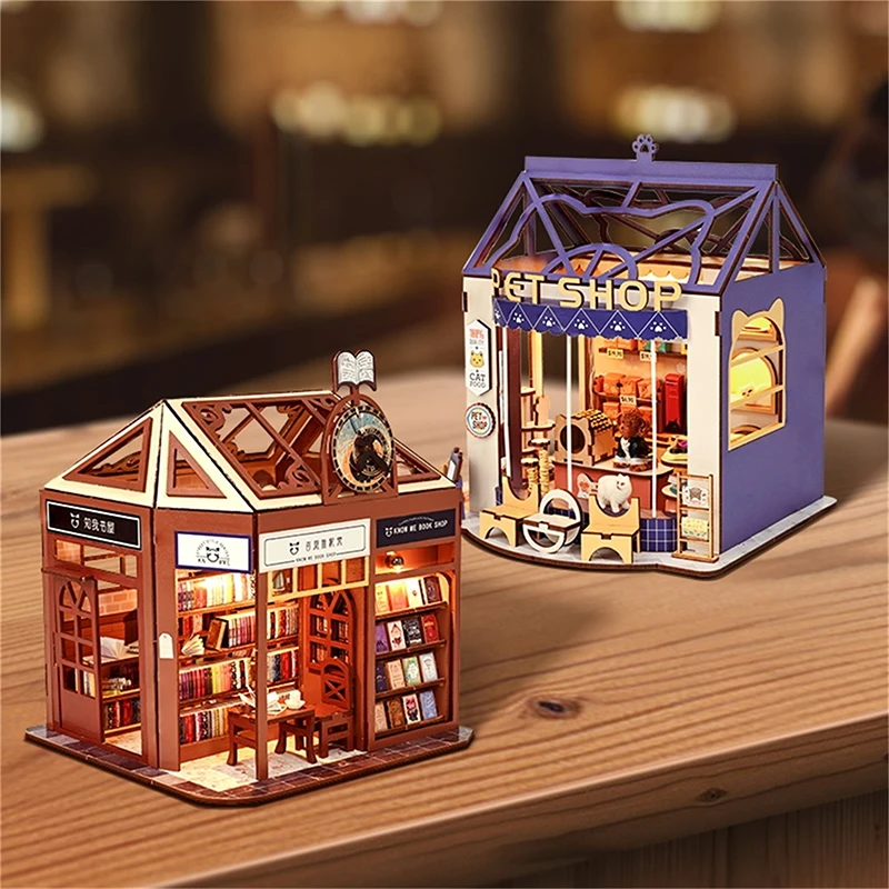 

DIY Wooden Dollhouse Pet Shop Book House Miniature With Furniture Kit Assemble Toys for Children Adult Birthday Gift Casa