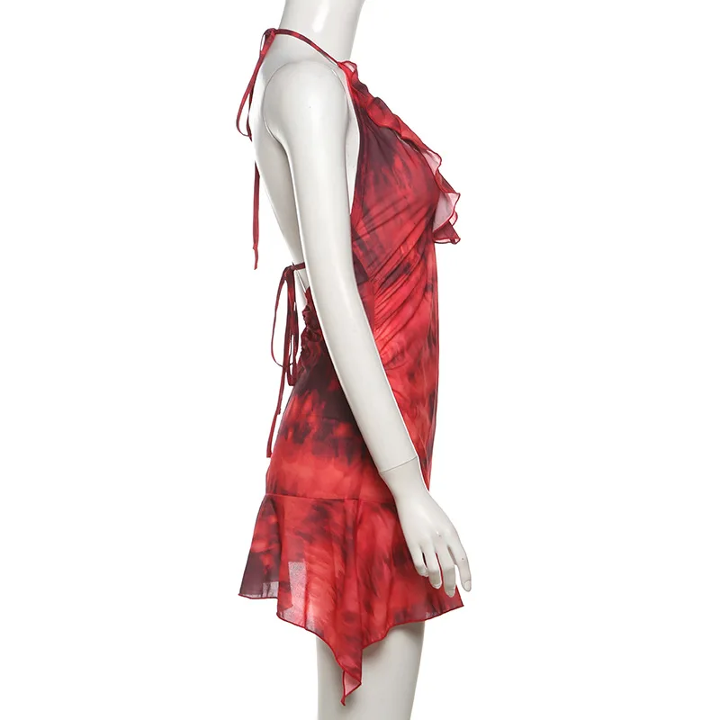 New Halter Neck Printed Dress For Women Hollow Backless Sexy Irregular Female Chiffon Folds Fungus Mini Dress Fashion 2025 8 New Halter Neck Printed Dress For Women Hollow Backless Sexy Irregular Female Chiffon Folds Fungus Mini Dress Fashion 2025