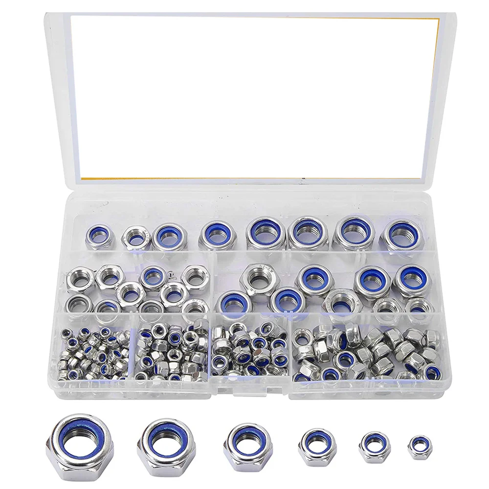 

185PCS Lock Nuts Stainless Steel Locknut, Insert Hex Nut Set, Assorted Self-Locking Nuts Fastener for Lock Washers