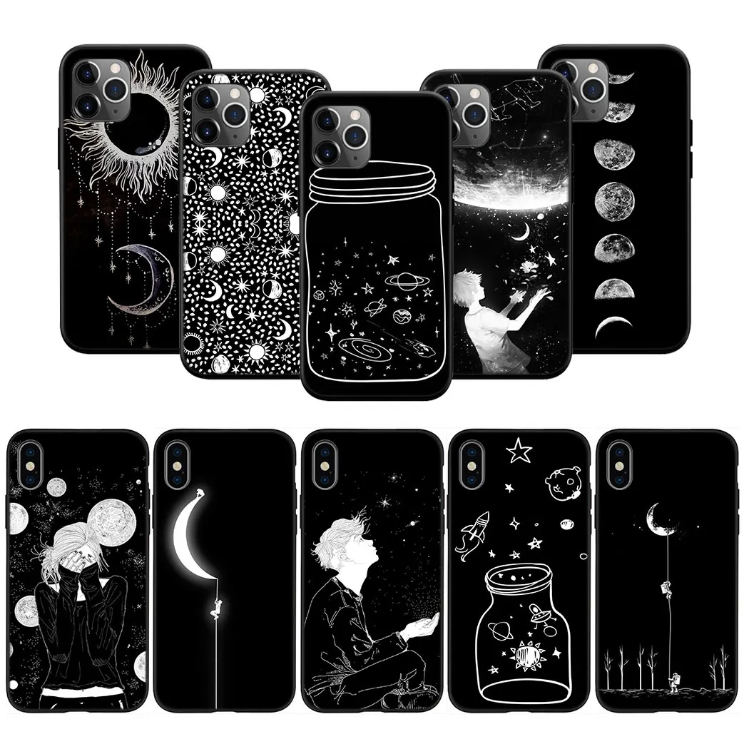 Er28 Black White Moon Stars Space Astronaut Custodia Morbida In Silicone Per Iphone 15 14 13 12 11 Pro Max Mini Plus