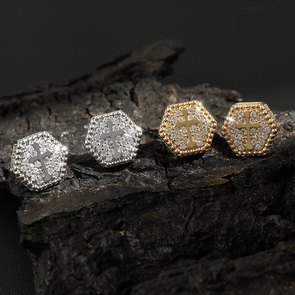 RAKOL Cross Shaped Iced Out Zircon Hip Hop Stud Earrings for Men Women Gold Color Hexagon Pierced Earring Punk Party Jewelry 3