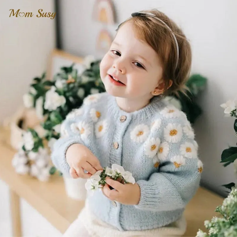 Newborn Baby Girl Princess Floral Embroidery Knit Cardigan Infant Toddler Sweater Outfit Clothes Baby Knitwear Coat 0-7Y