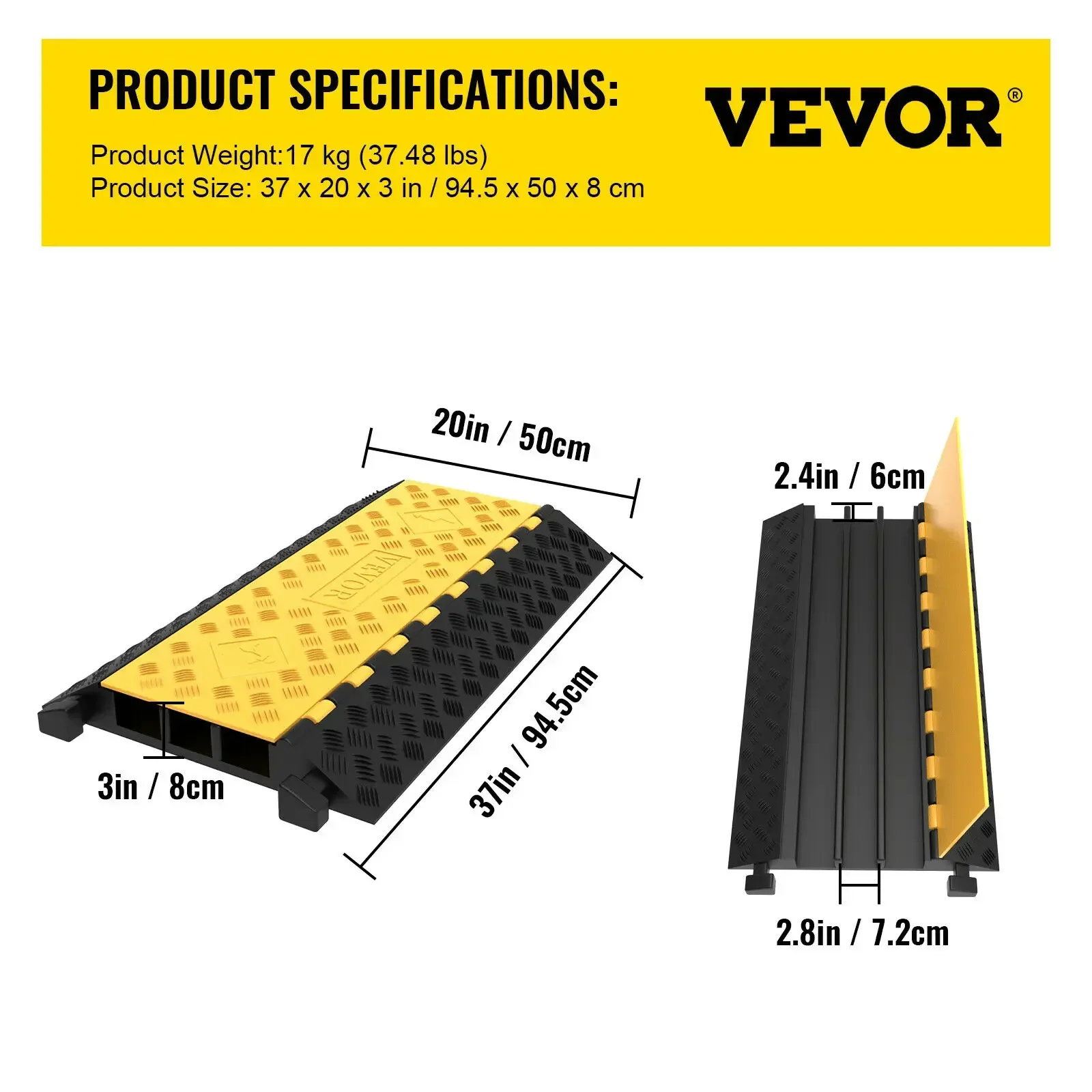 VEVOR 1 Pack of 3-Channel Rubber Cable Protector Ramps Heavy Duty 44000Lbs Load Capacity Cable Wire Cord Cover Ramp Speed Bump