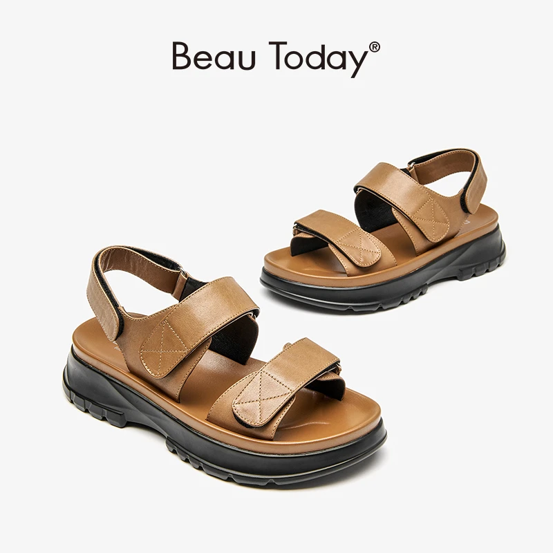 BeauToday Platform Sandals Women Hook&Loop Open Toe Slingback Genuine Leather Roman Casual Outdoor Summer Ladies Shoes 34523