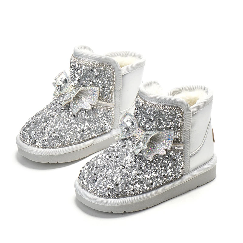 Bibihou Girls Snow Boots Warm Shining Rhinestone Bow Cotton Shoes Kids Sweet Winter Boots All-Match 1-16 Years Princess Shoes o363 crystal rhinestone wedding hairband hair ornaments snow flower headband for cathedral wedding bridal hairpiece