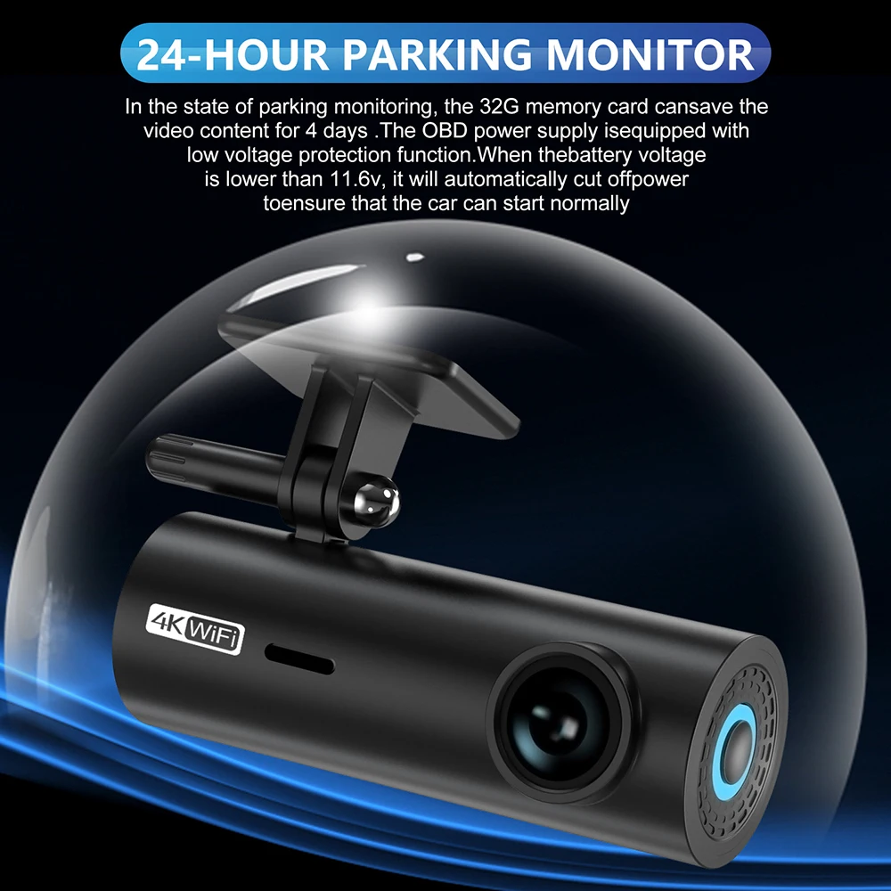 NMHJIE 4K 대시 캠, 와이파이, UHD, 3840x2160P, 자동차 DVR, 감시 카메라, 비디오 레코더, 대시 캠, 24 시간 주차 모니터