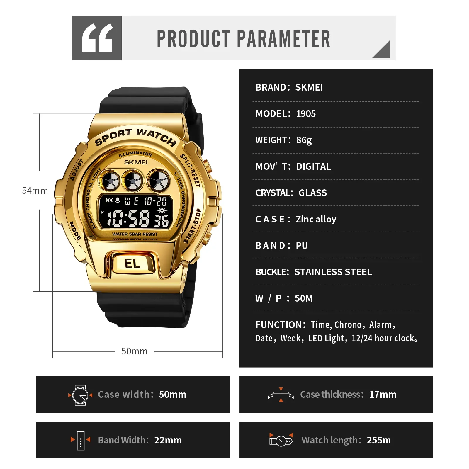 SKMEI 1905 Luxury Japan Digital movement Sport Watch Mens Waterproof Military Electronic Men Wristwatches Man Clock reloj hombre 6