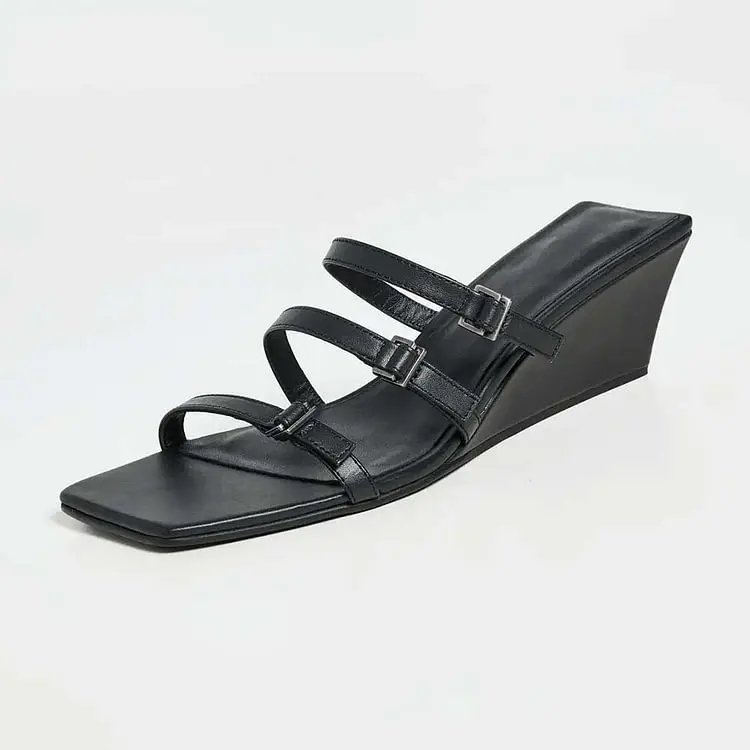 

Black Open Square Toe Buckle Straps Wedge Heel Mules Sandals