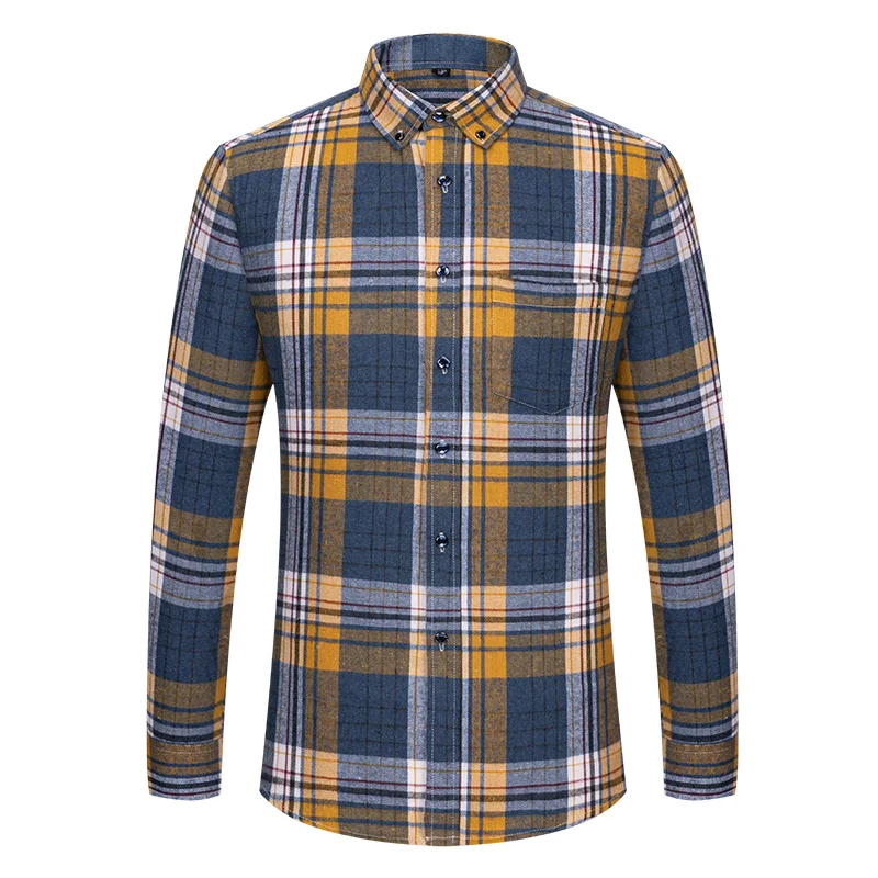 Men's pure cotton brushed plaid long-sleeved classic simple breathable business slim casual comfortable street work formal wear