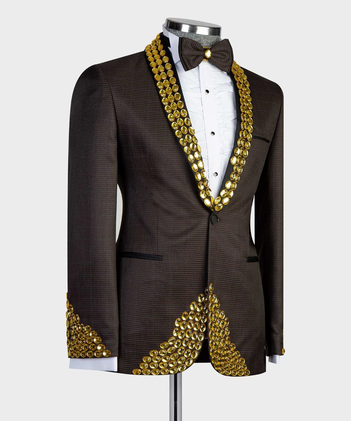 Mens Wedding Tuxedos Golden Crystal Beading Gorgeous Tailored Beading Shawl Lapel Jacket 2 Pieces Male Costume Coat