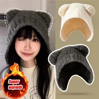 Plush Bear Ear Knitted Beanie for Women Stylish Warm Wool Winter Hat with Comfortable Ear Flaps Slimming Face for Casual Outings