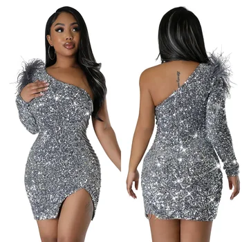 섹시한 원 숄더 스팽글 스플릿 힙 드레스, 유럽과 미국 패션