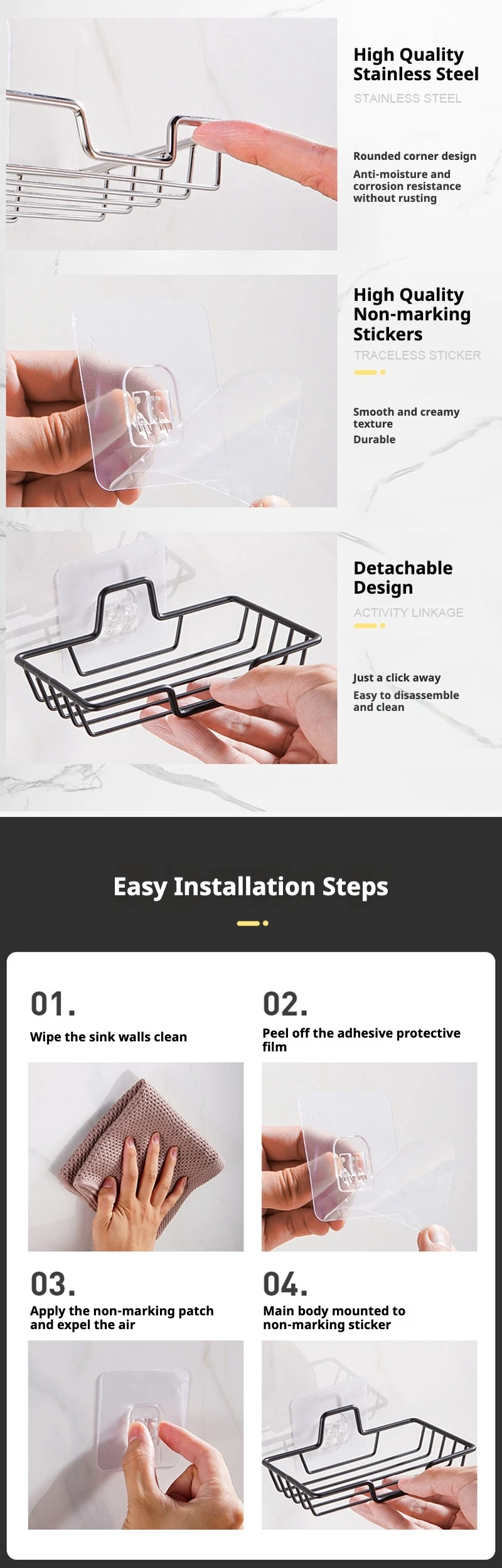 S0e664337d36a4294b26ab16493e75bf6F Stainless Steel Bathroom Soap Holder Wall Mounted No Drilling Kitchen Sponge Tray Holder Organizer Sticky Shower Soap Dish Rack Mallzona